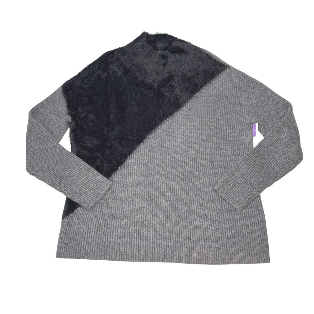 Vince Camuto Asymmetrical Colorblocked Fuzzy Sweater Black Gray XS NWT